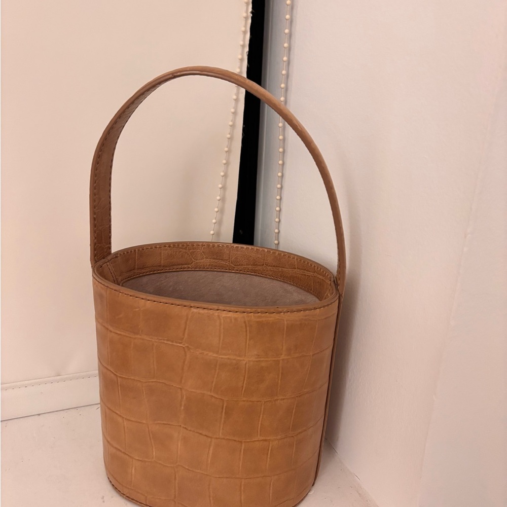 STAUD Tan Croc-Embossed Shoulder Bag